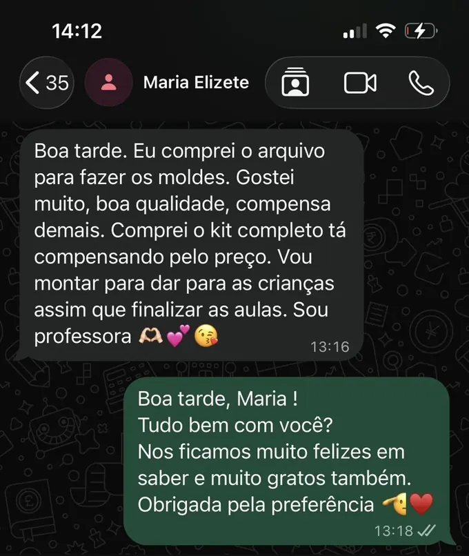 Captura de conversa: professora diz que gostou muito, que o kit completo compensa pelo preço e que vai montar para as crianças