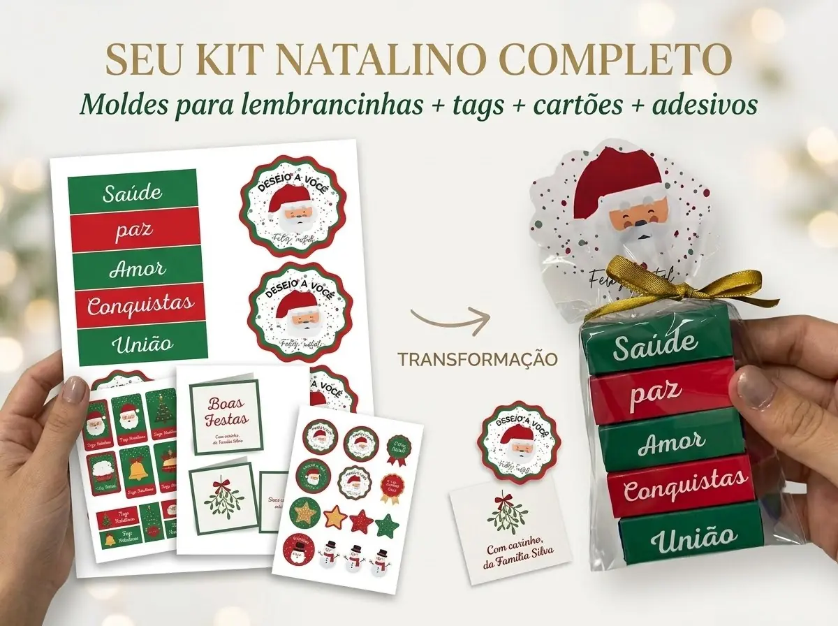 Kit natalino completo: folhas impressas com moldes, tags, cartões e adesivos ao lado da lembrancinha de Bis montada